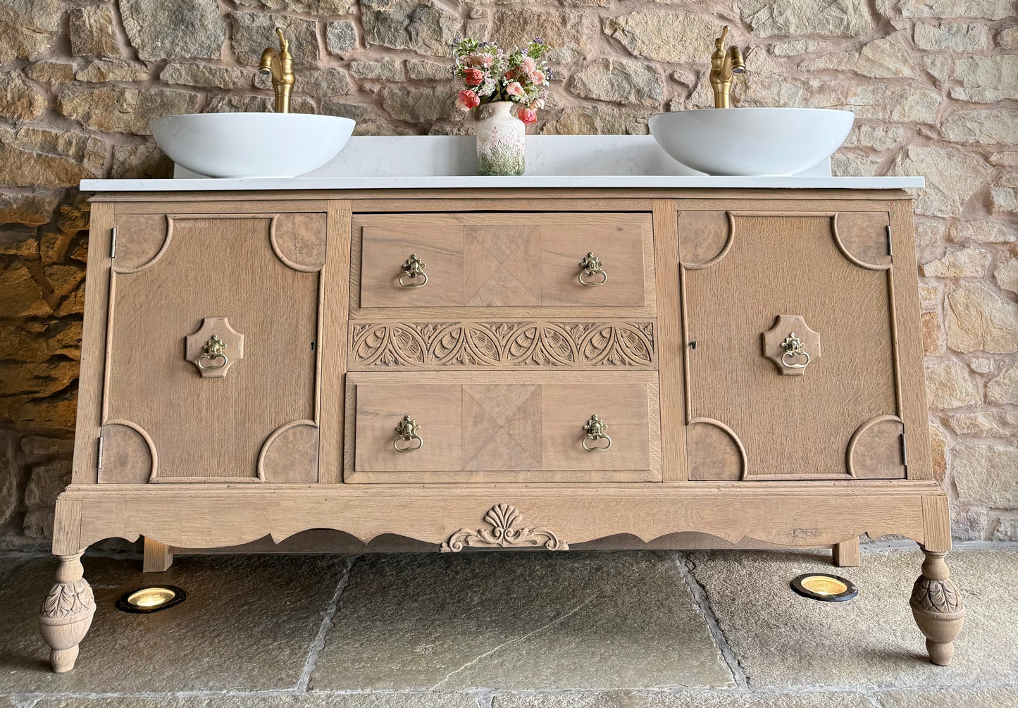 Vintage Oak (walnut inlay) Double Vanity Sink Unit, Carrara Quartz Top, Upstand and two basins. (152cm wide)