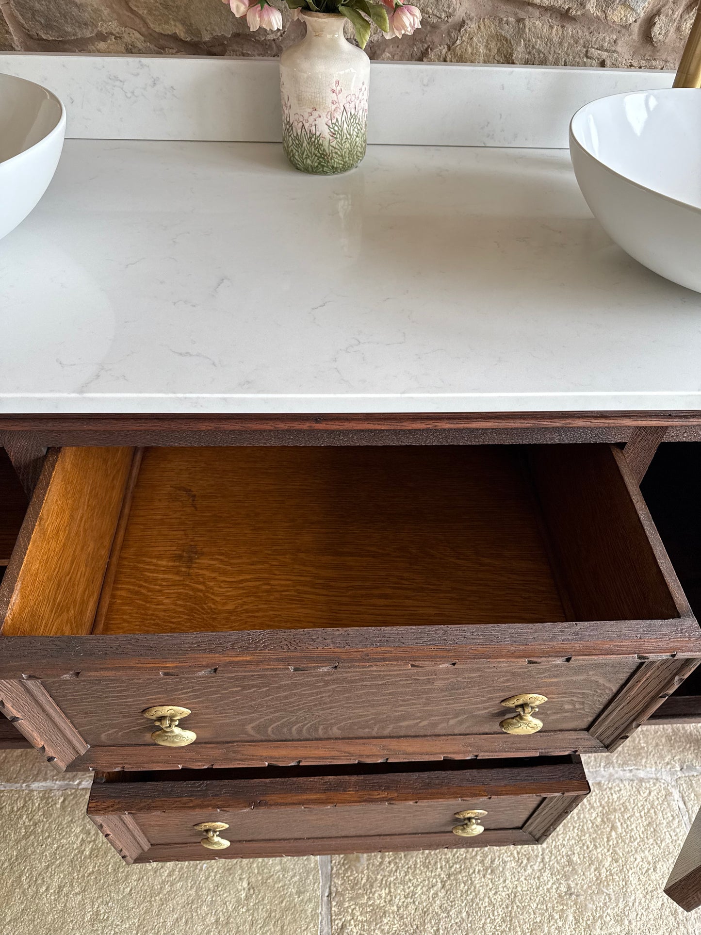 Beautiful Carved Oak Double Vanity Sink, Quartz Top, Upstand and two basins. (150.5cm)