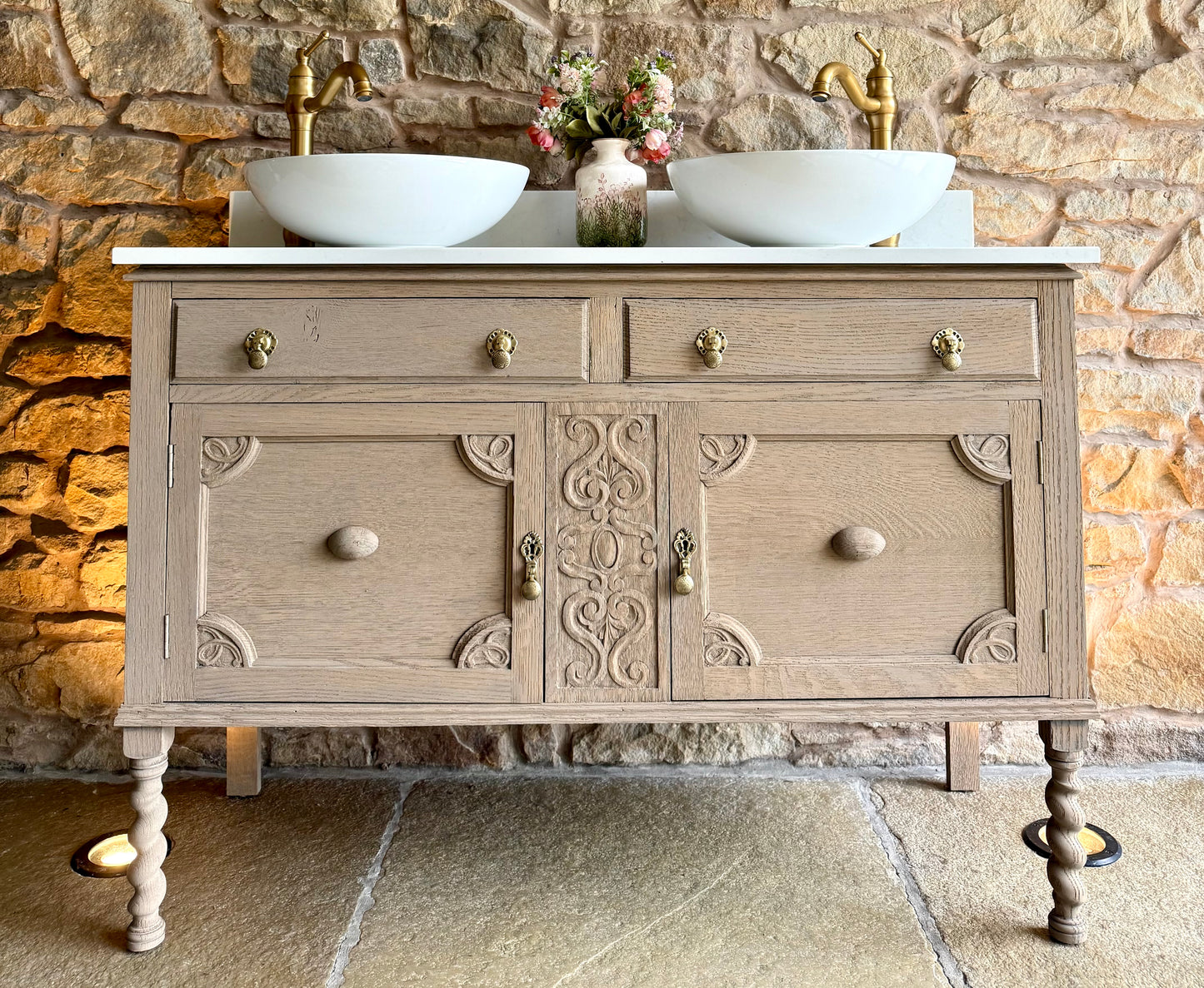 Vintage Light Oak Double Vanity Sink Unit, Carrara Quartz Top, Upstand and Basins (121cm wide)