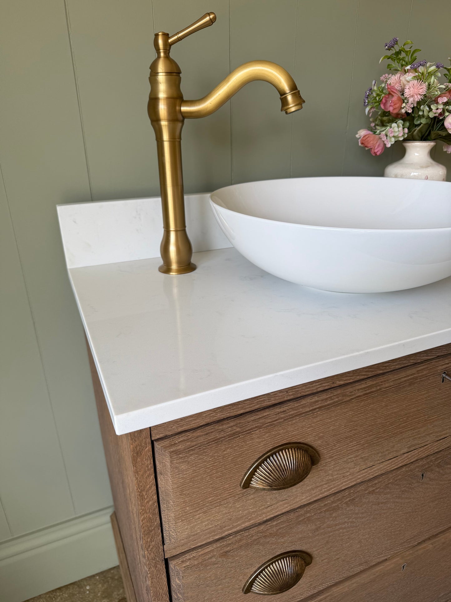 Antique Oak Single Vanity Sink, Carrara Quartz top, Upstand and Basin (76cm wide)