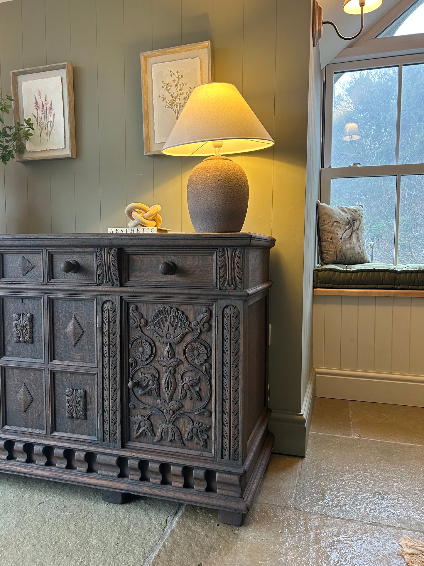 Large Antique Dark Oak Sideboard. Solid Oak