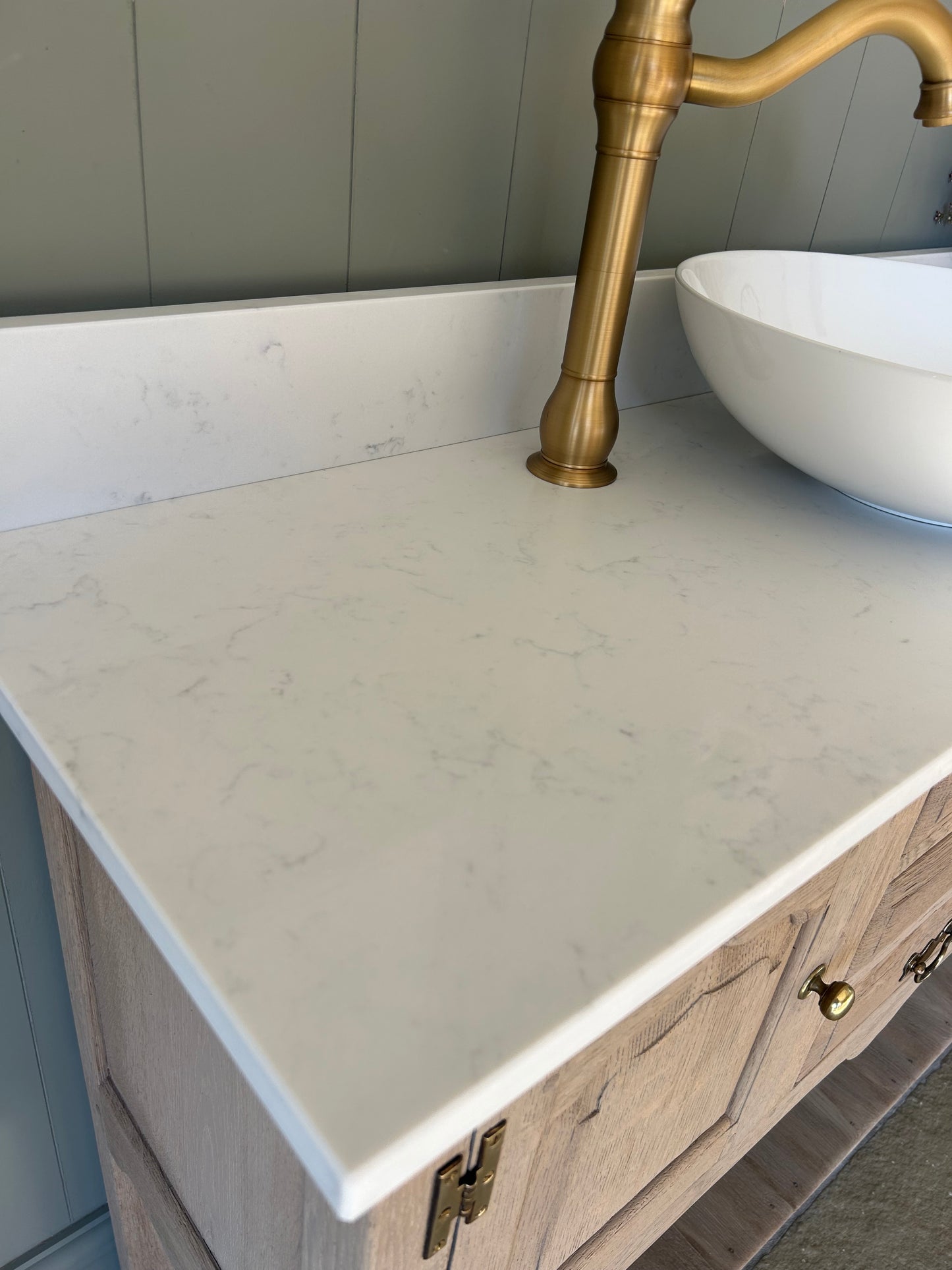 Light Solid Oak Vanity Sink with Basin, Quartz top and Upstand. 1235mm wide