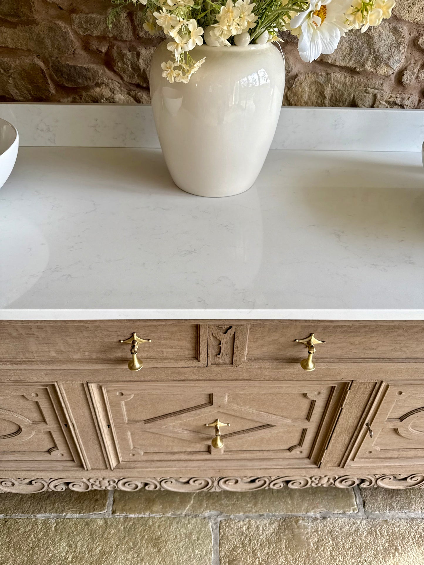 Large Double Vanity Sink, Quartz Top, Upstand and two basins (185cm wide)
