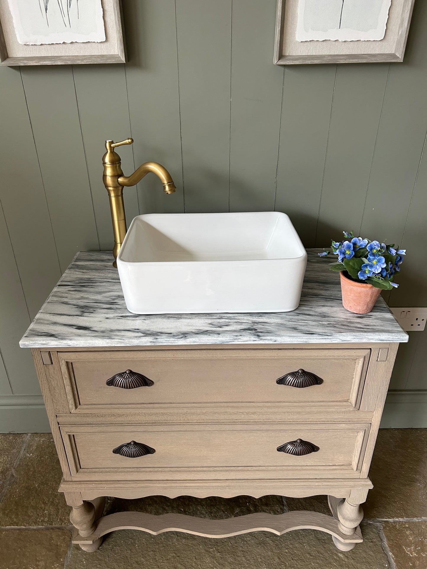 Vintage Marble Topped Vanity Sink finished in a Weathered Oak Style
