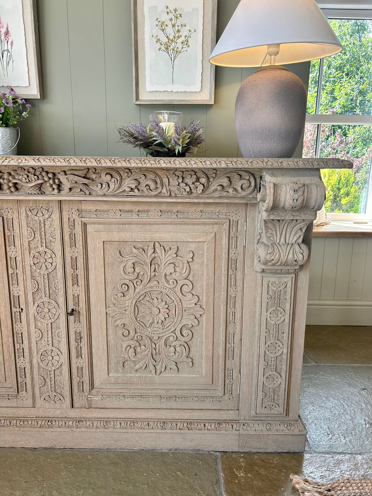 Ornate antique Sideboard Console Solid Oak finished in a light weathered oak style.