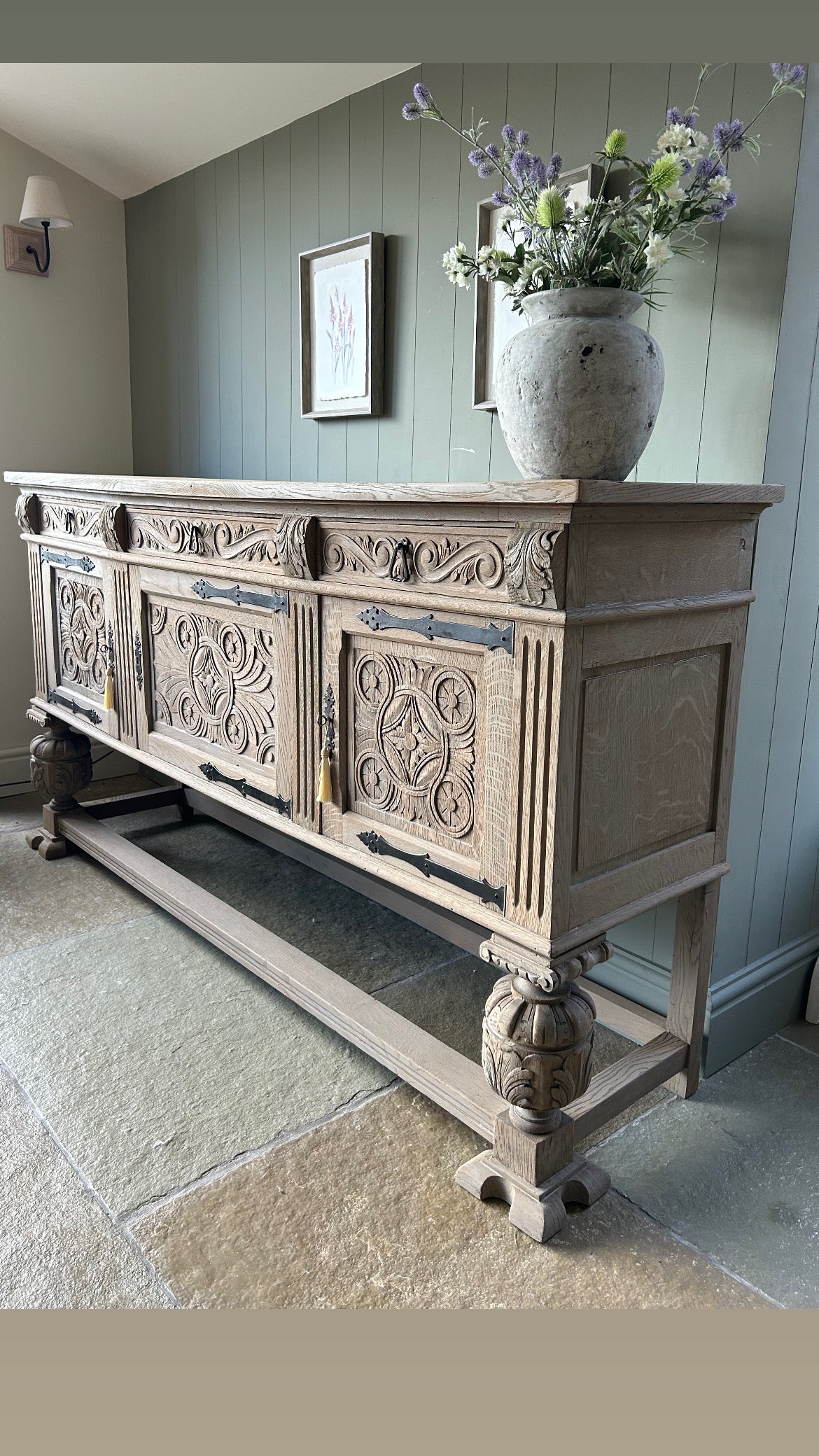 Large Ornate Carved Rustic Antique Sideboard.