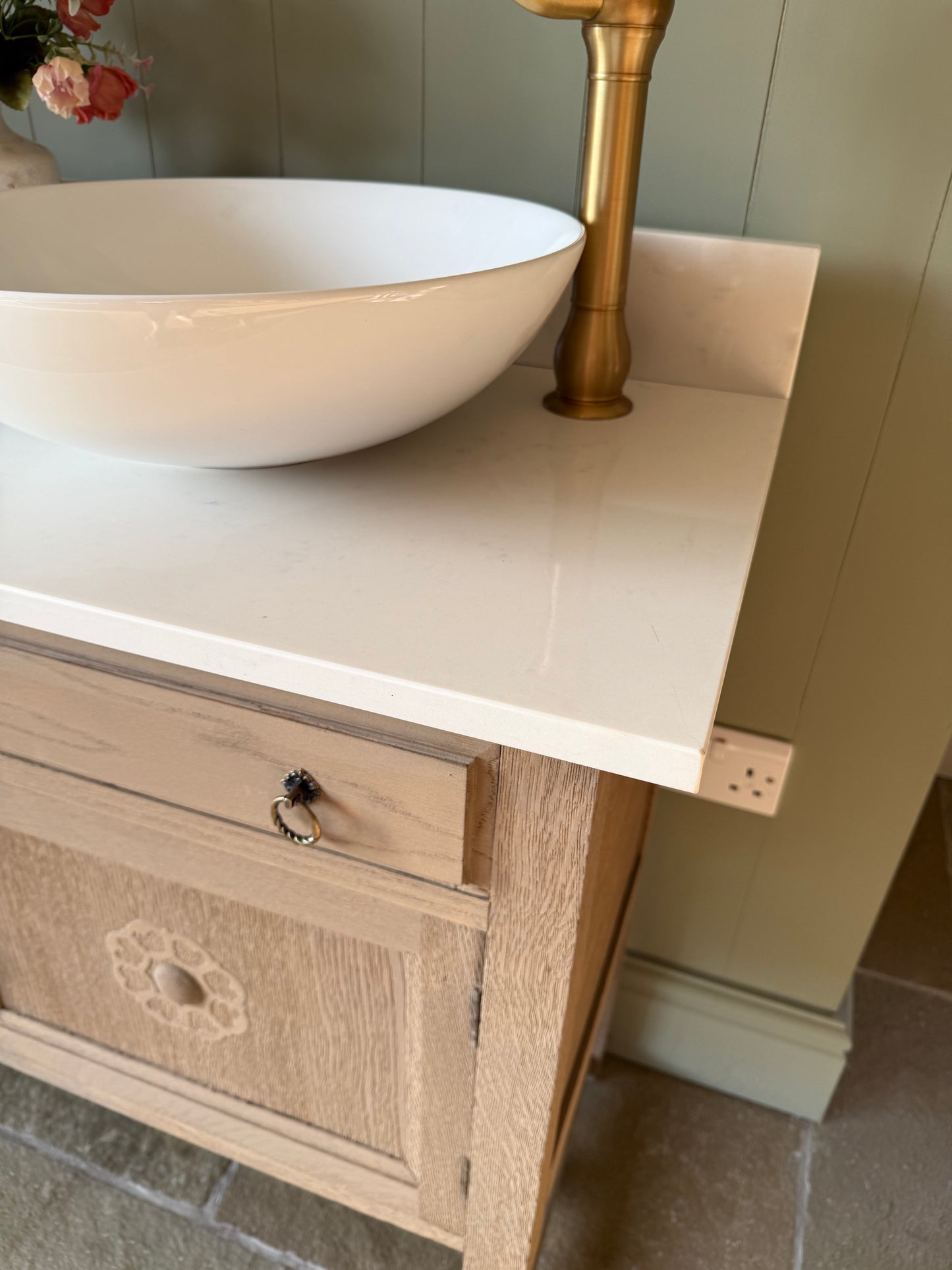 Light oak Vintage Double or Single Vanity Sink Unit, Quartz top, Upstand.