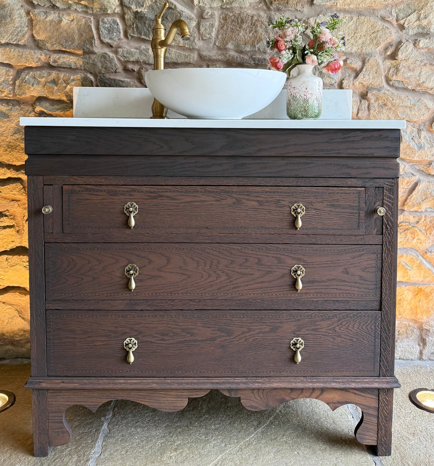 Vintage Solid Oak Vanity Sink Unit, Carrara Quartz Top, Upstand and Basin (94cm wide)