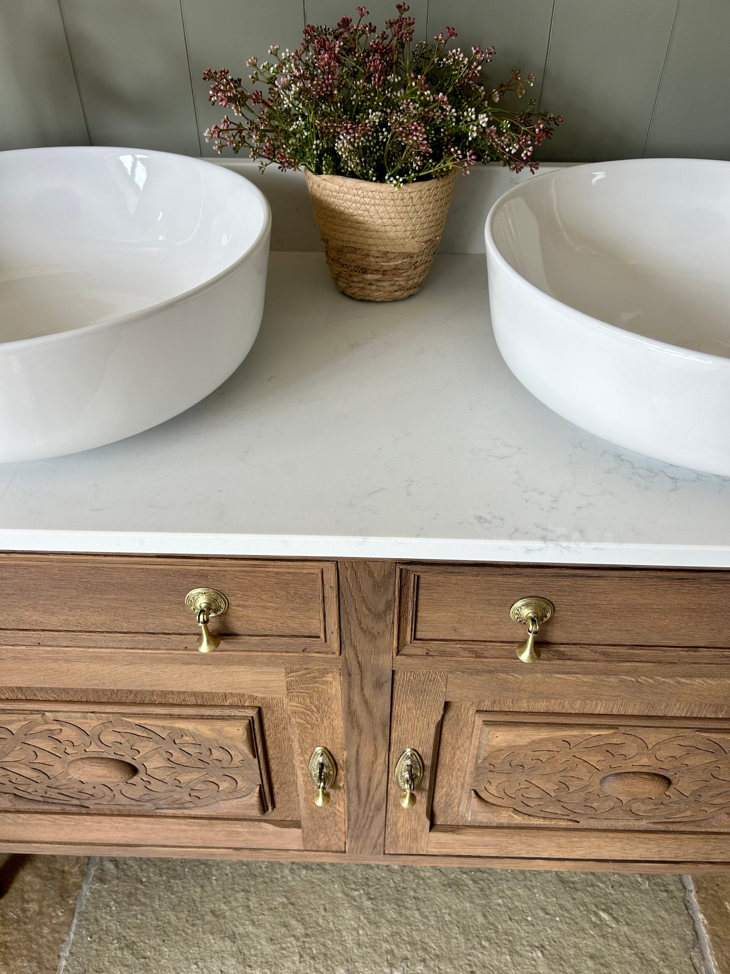 Vintage Mid Oak Double Vanity Sink, Carrara Quartz Top, Upstand and two countertop basins. (124cm wide)
