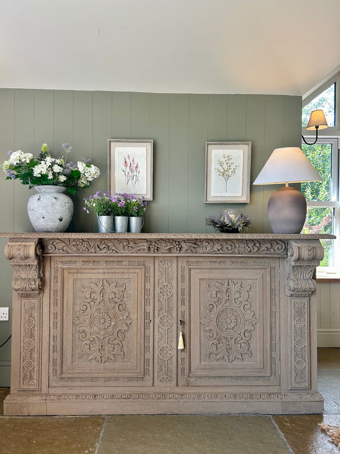 Ornate antique Sideboard Console Solid Oak finished in a light weathered oak style.