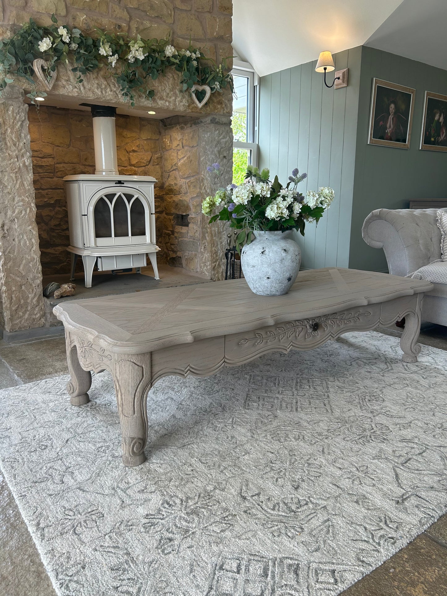 Large Solid Oak Coffee Table with carved detailing.