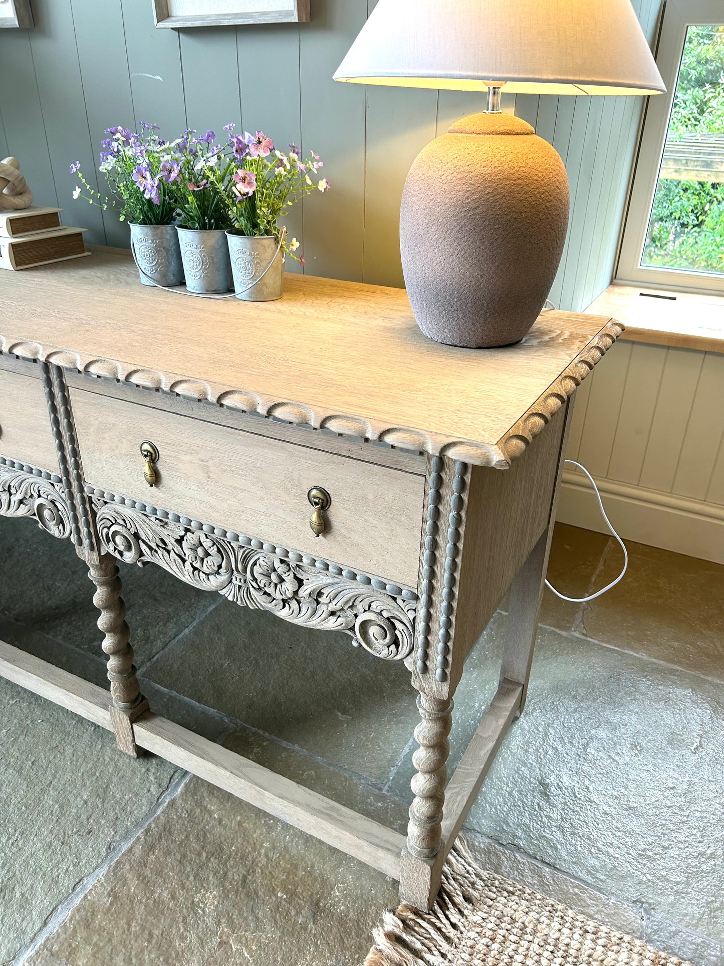 Large Carved Solid Oak Console Table finished in a weathered oak