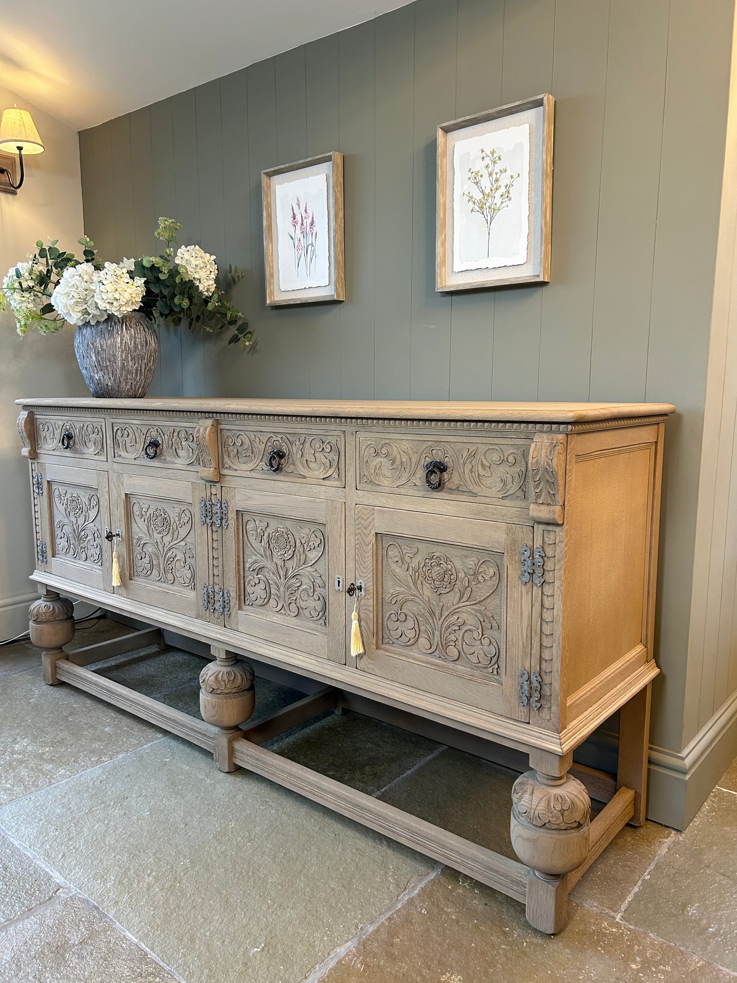 Vintage Carved Weathered Oak Sideboard