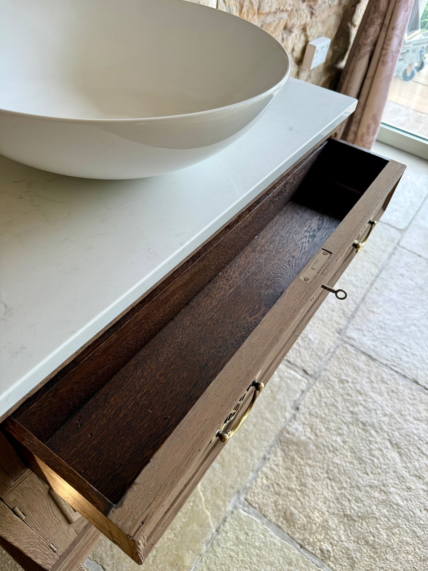 Solid Oak Vintage Vanity Sink Unit, Quartz Top, Upstand and Basin. (79cm wide)