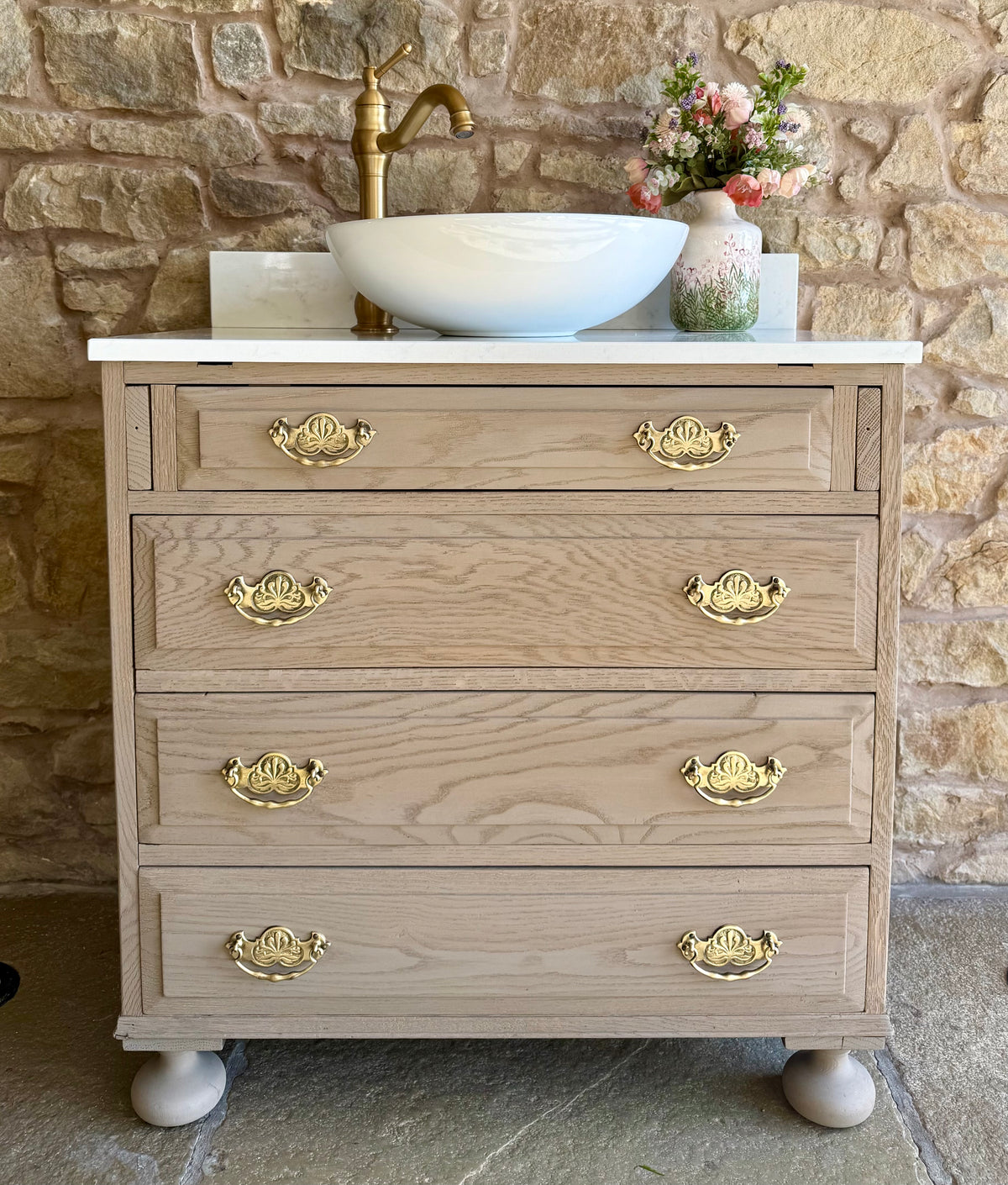 Single Vintage Oak Vanity Unit, Quartz Top, Upstand and Basins (78cm wide)