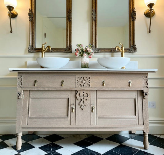 Vintage Oak Double Vanity Sink Unit, Carrara Quartz Top, Upstand and Basins (154cm wide) Finished in a Light Oak
