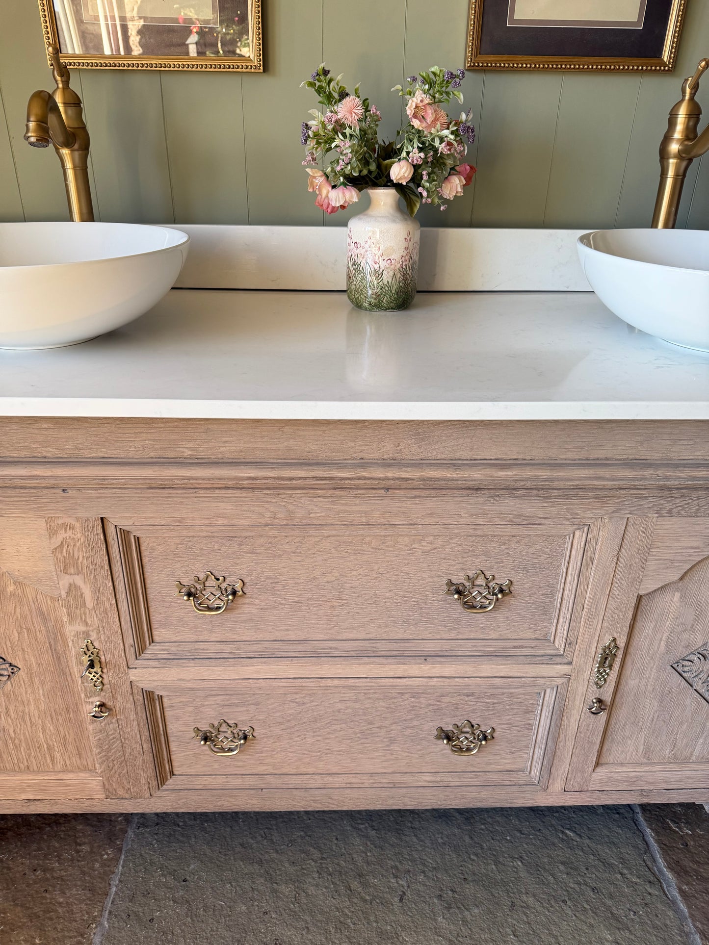 Large Vintage Vanity Sink, Carrara Quartz top, Upstand and two basins (168cm wide)