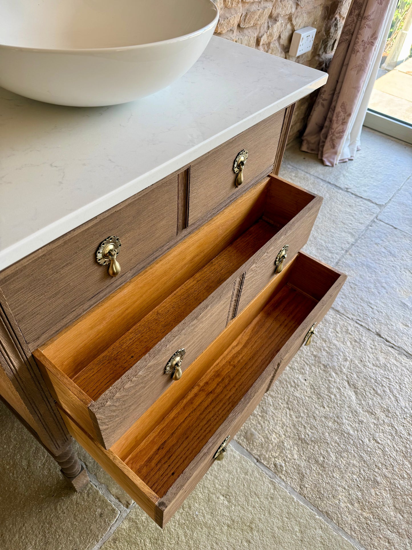 Vintage Oak Vanity Sink Unit, Carrara Quartz Top, Upstand and Basin (78cm wide)