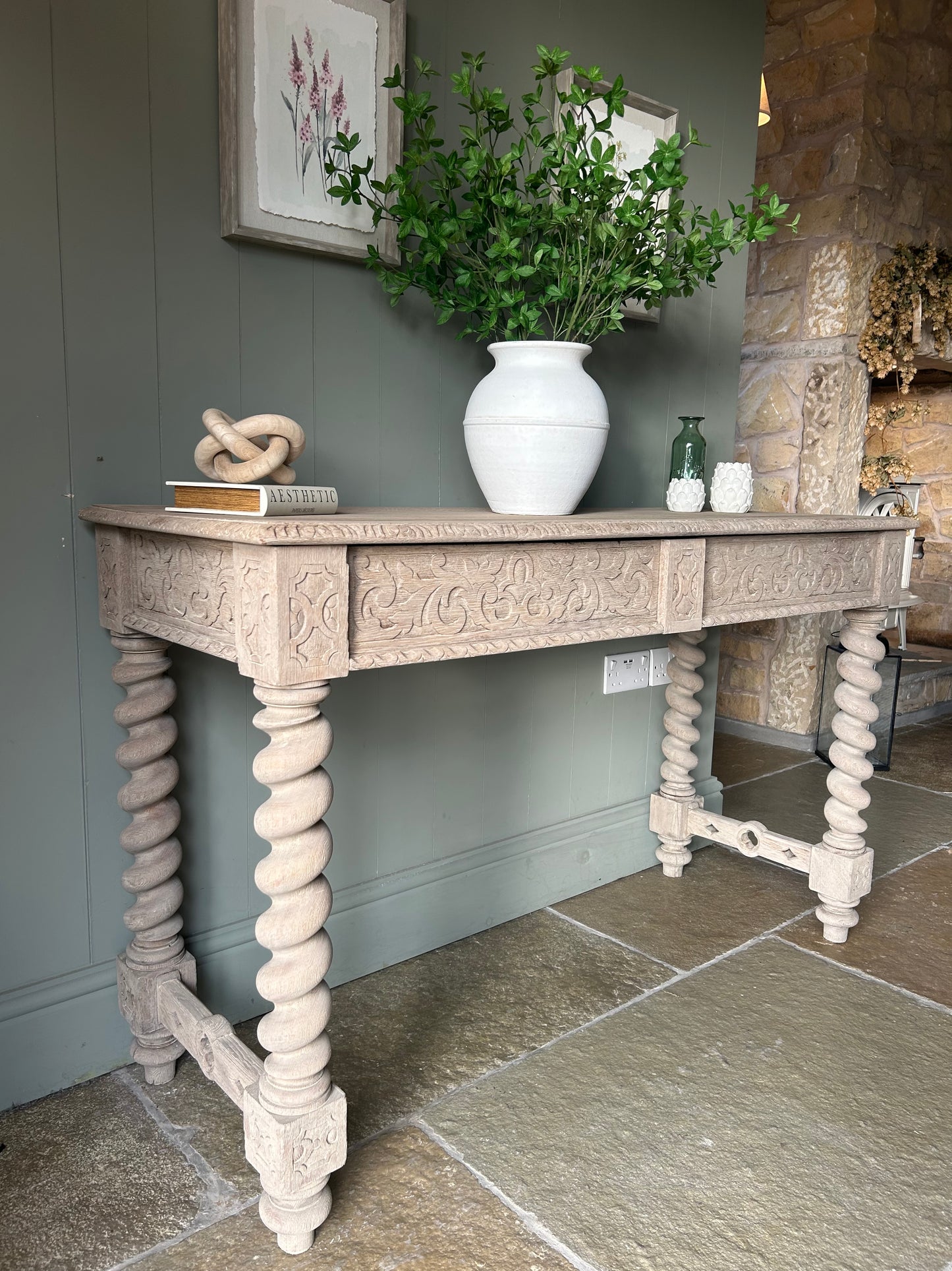 Large Carved Oak Console Table on symmetrical twist legs. 138cm Wide