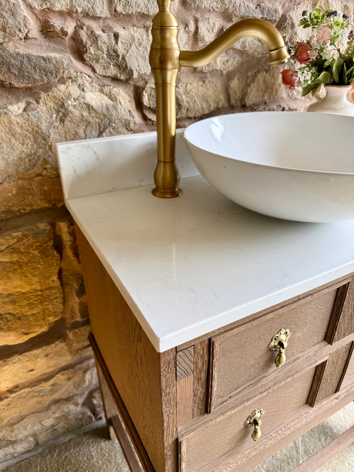Small Vintage Oak Vanity Sink Unit, Carrara Quartz Top, Upstand and basin (71cm wide)