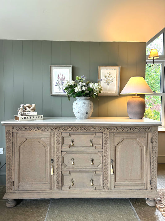 Large Antique Marble Quartz Top Sideboard finished in Weathered Oak Style.