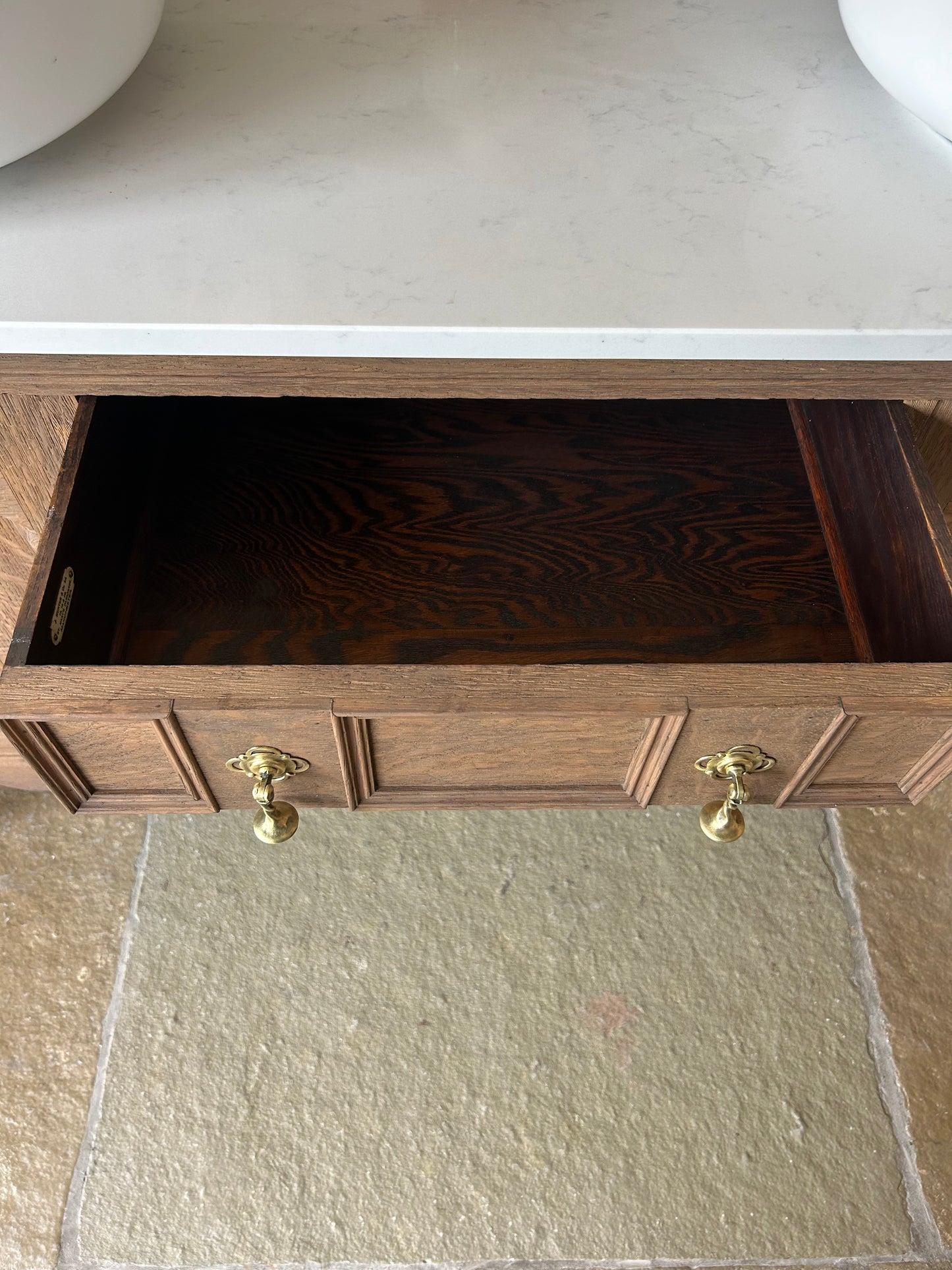 Large Vintage Double Vanity Sink, Carrara Quartz top, Upstand and two basins. (155cm wide)