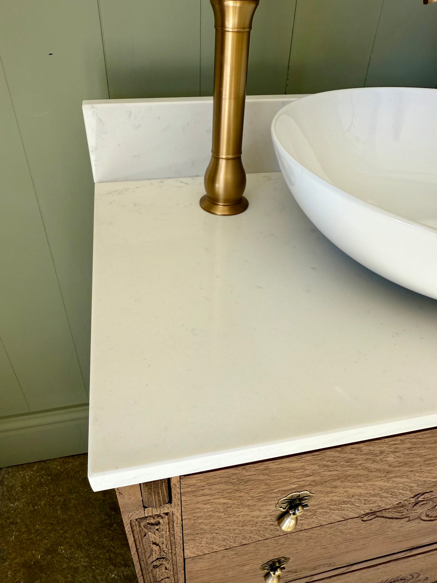 Antique Oak Small Vanity Sink Quartz top, Upstand and basin (75cm wide)