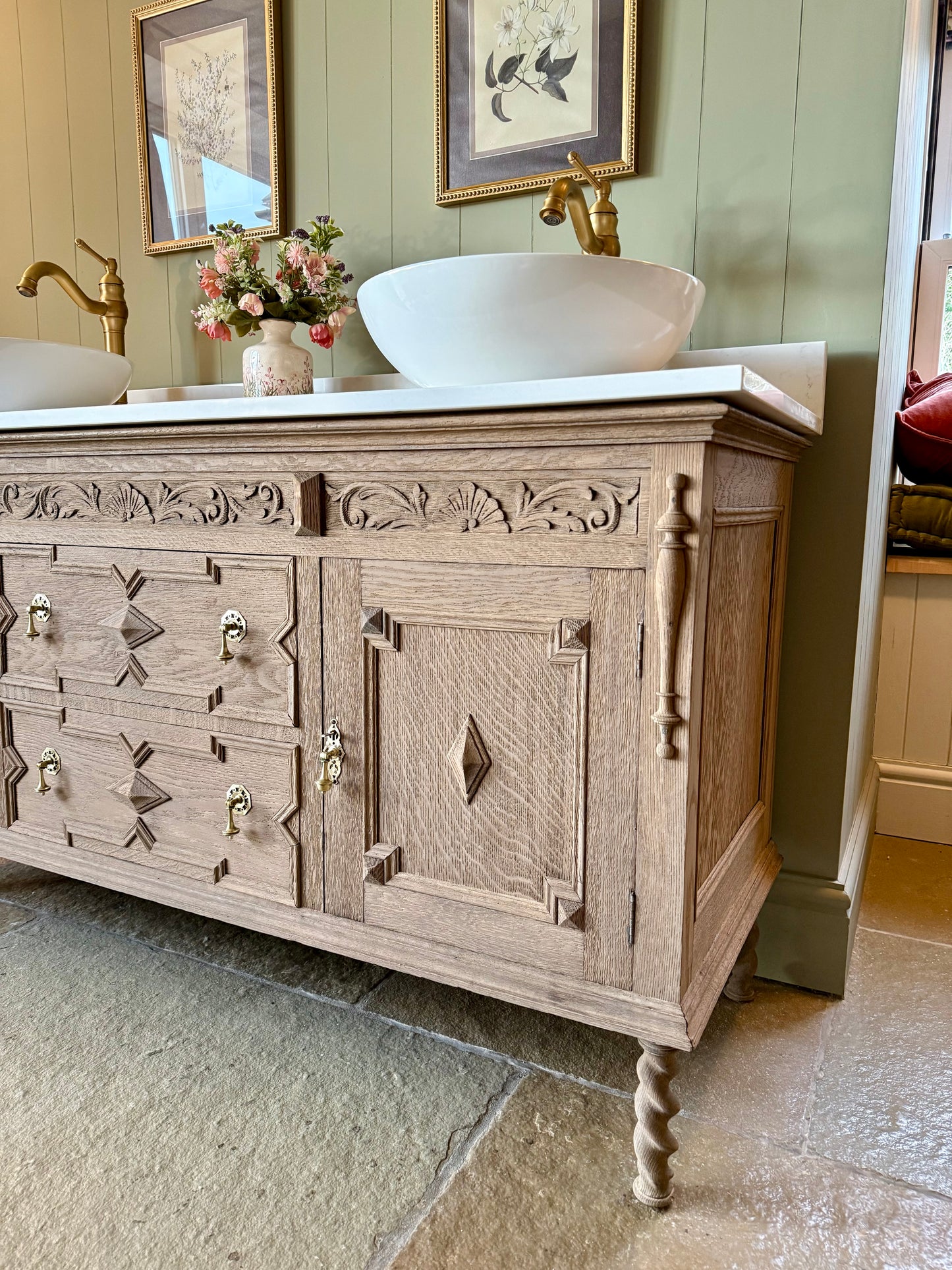 Large Double Vanity Sink Quartz Top, Upstand and Two Basins (155cm)