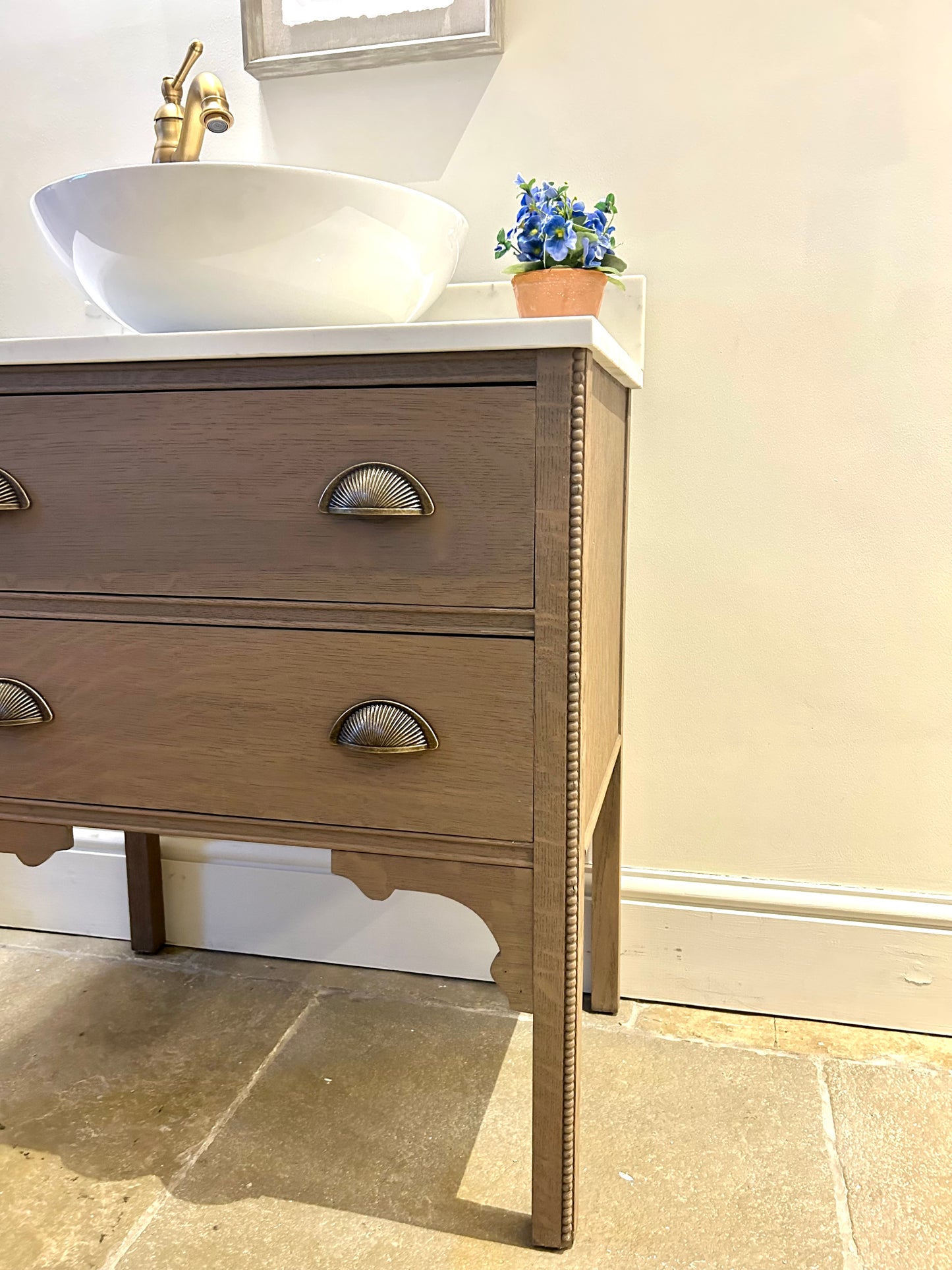 Small Vanity Sink in Warm Oak with quartz top, Upstand and countertop basin. 69.5 cm width