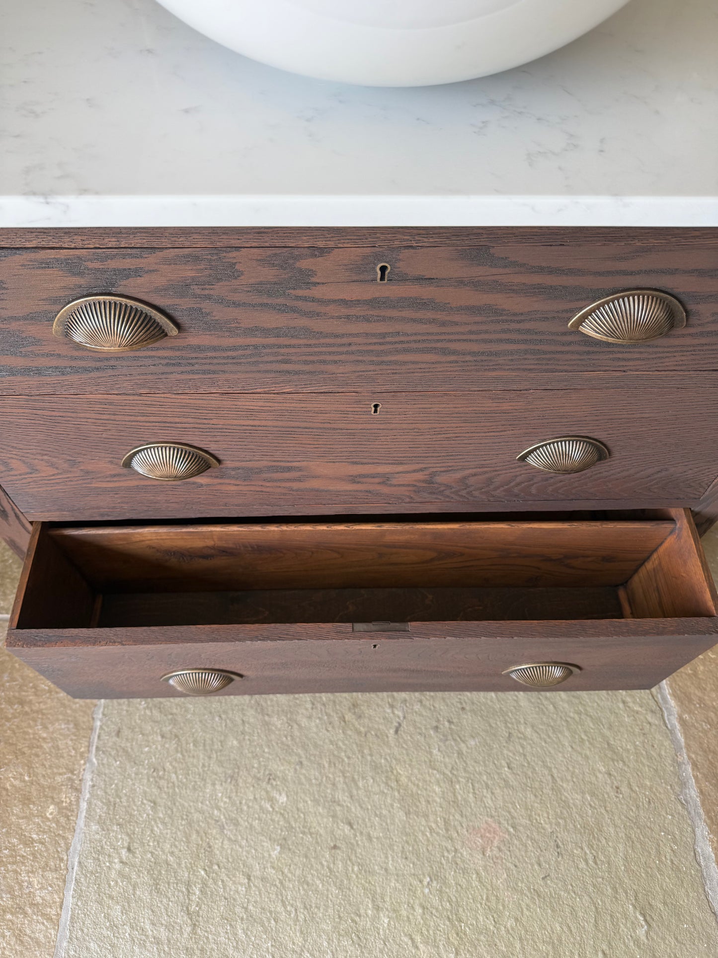 Vintage Vanity Sink in a Classic Dark Oak, Quartz top, Upstand and basin.
