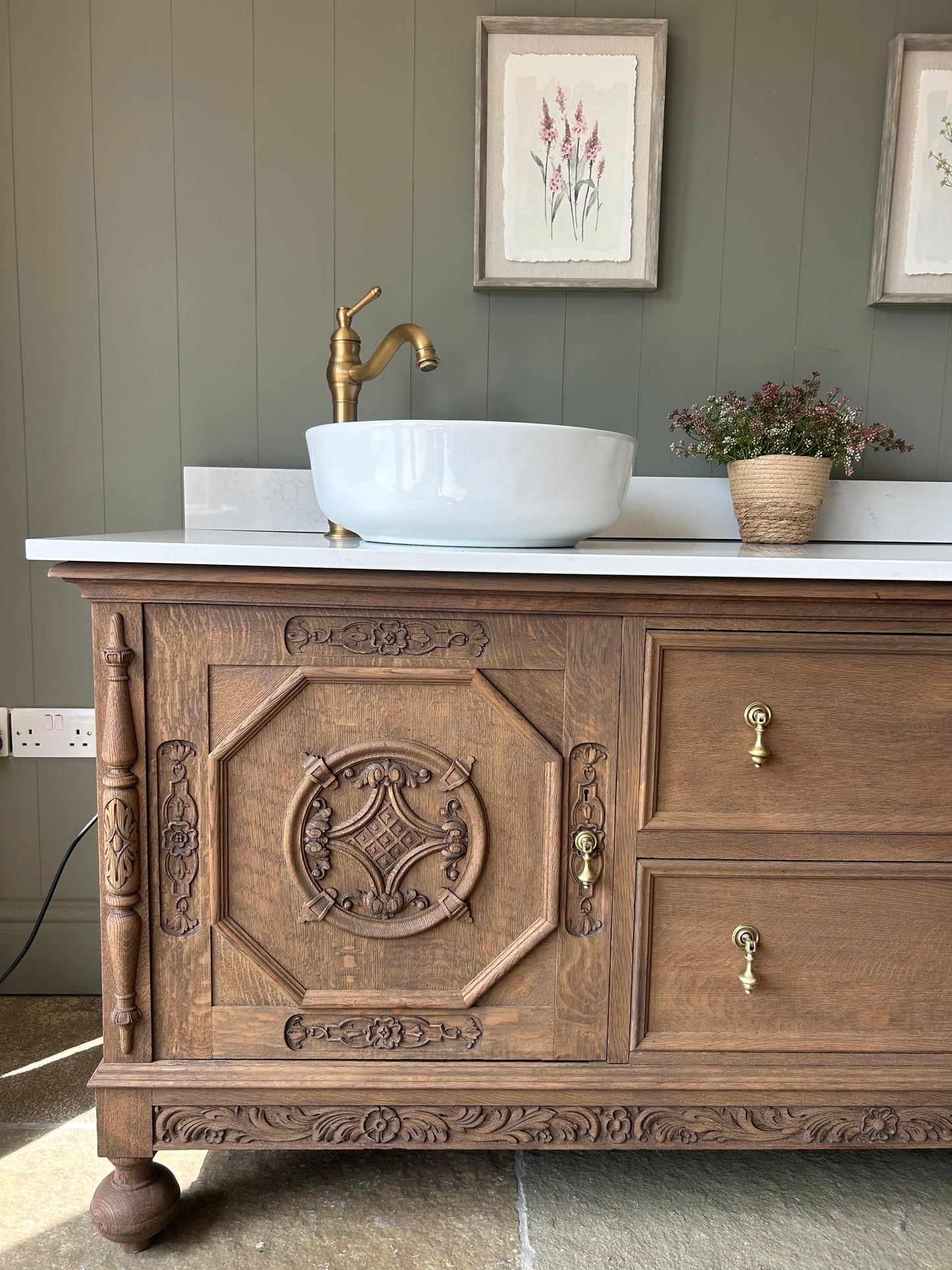 Extra Large Double Vanity Sink. Solid Oak finished in Mid Oak. Carrara Quartz top, Upstand and two basins. (187cm wide)