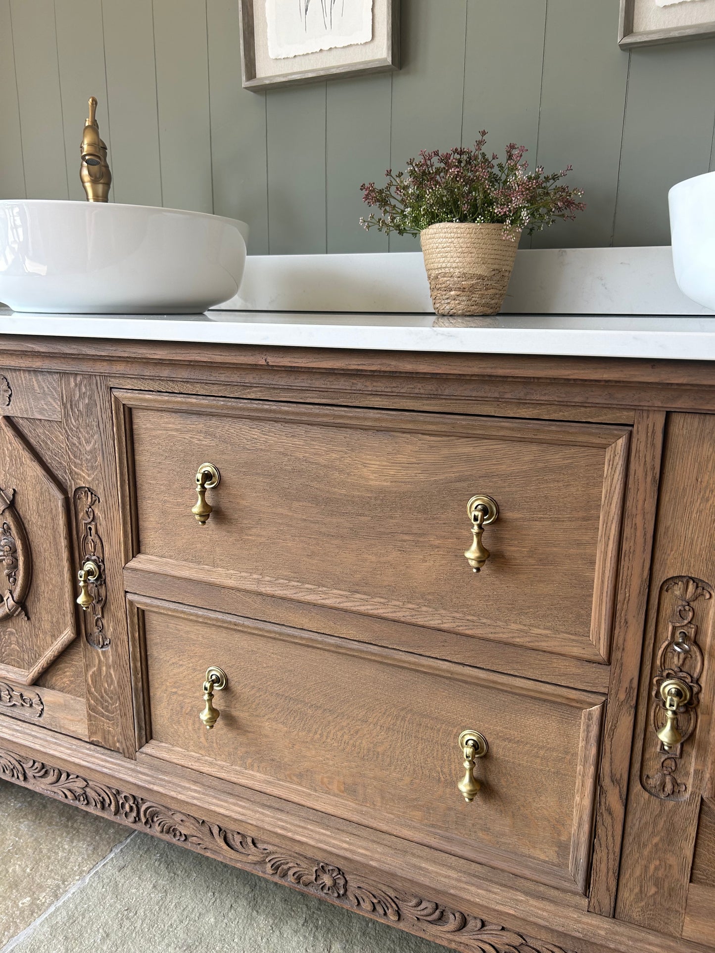 Extra Large Double Vanity Sink. Solid Oak finished in Mid Oak. Carrara Quartz top, Upstand and two basins. (187cm wide)