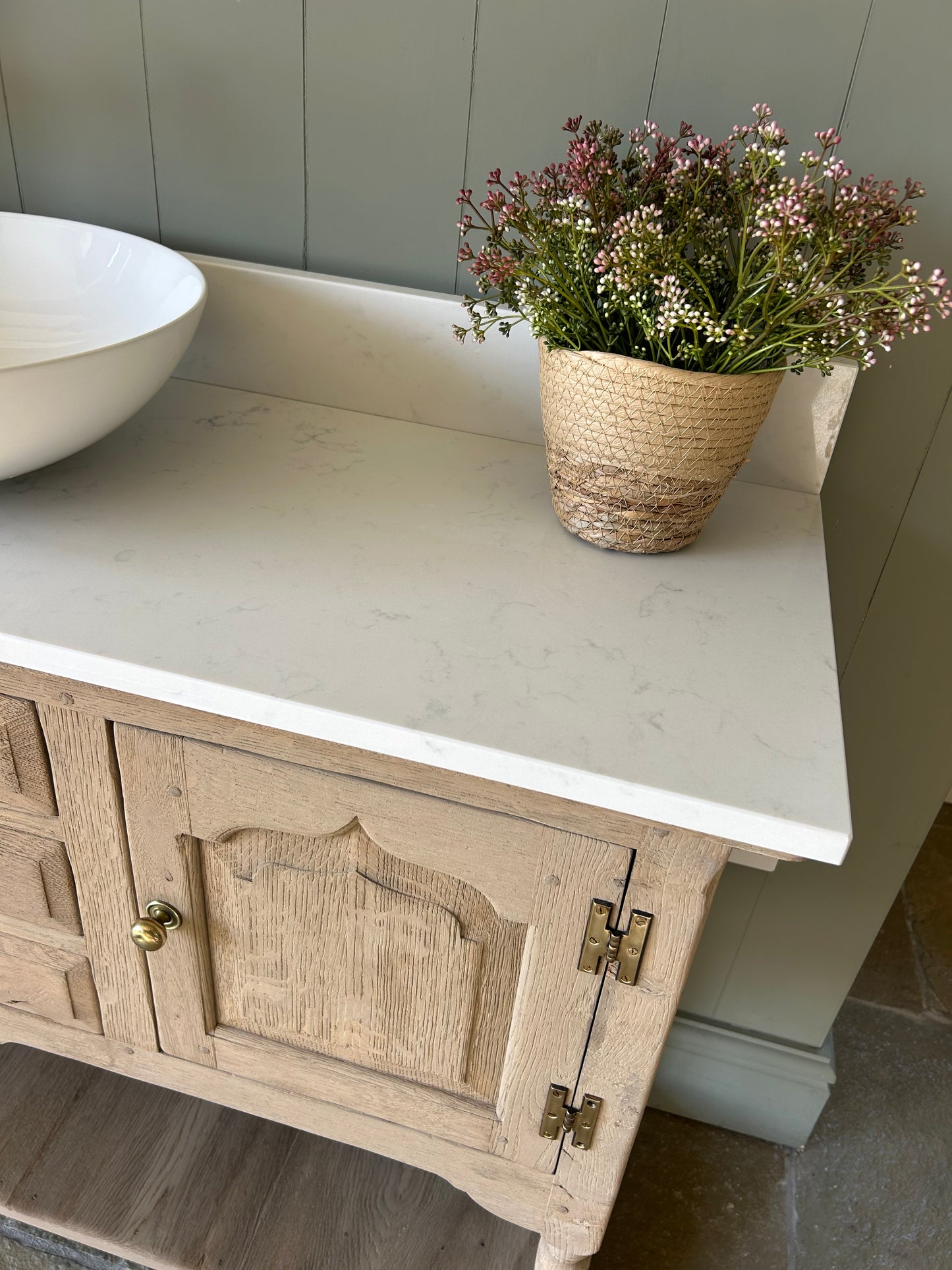 Light Solid Oak Vanity Sink with Basin, Quartz top and Upstand. 1235mm wide