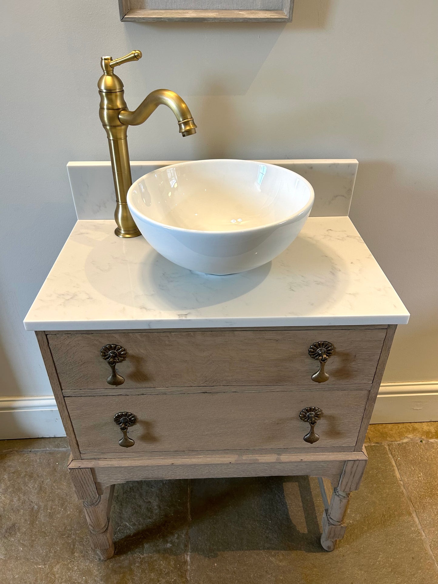 Small Marble Quartz top vanity Sink unit. Weathered Solid Oak 60cm wide