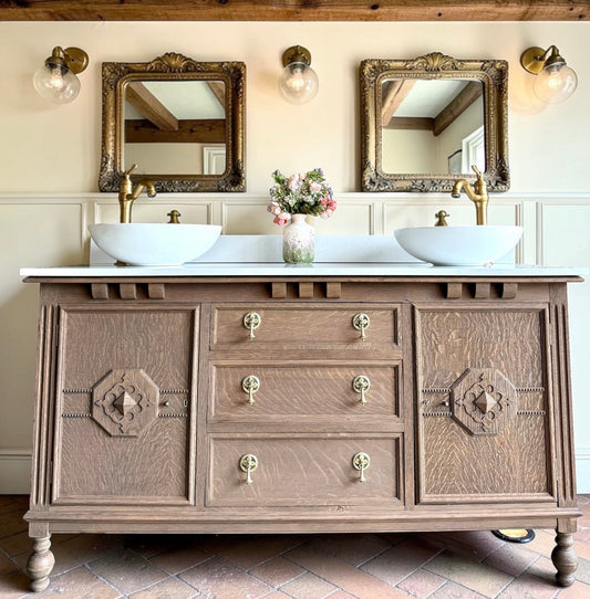 Vintage Solid Oak Vanity Sink, Quartz Top, Upstand and Basins (154cm wide)