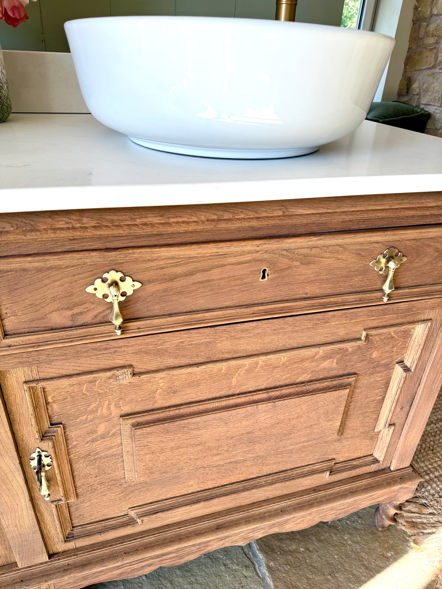 Vintage Oak Double Vanity Sink, Quartz top, Upstand and two basins. (153cm wide)
