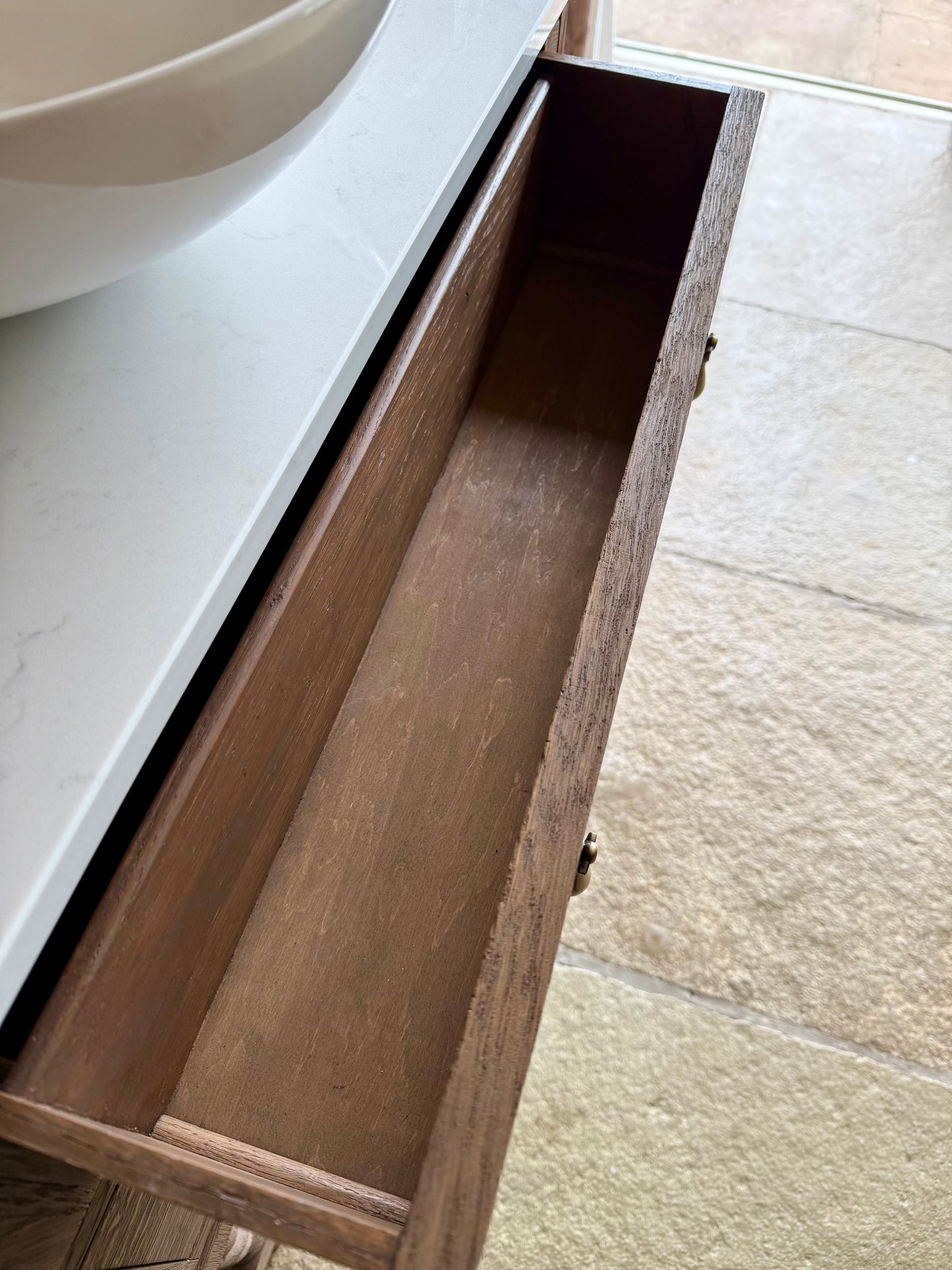 Vintage Oak Vanity Unit Quartz Top Upstand and Basin (79cm wide)