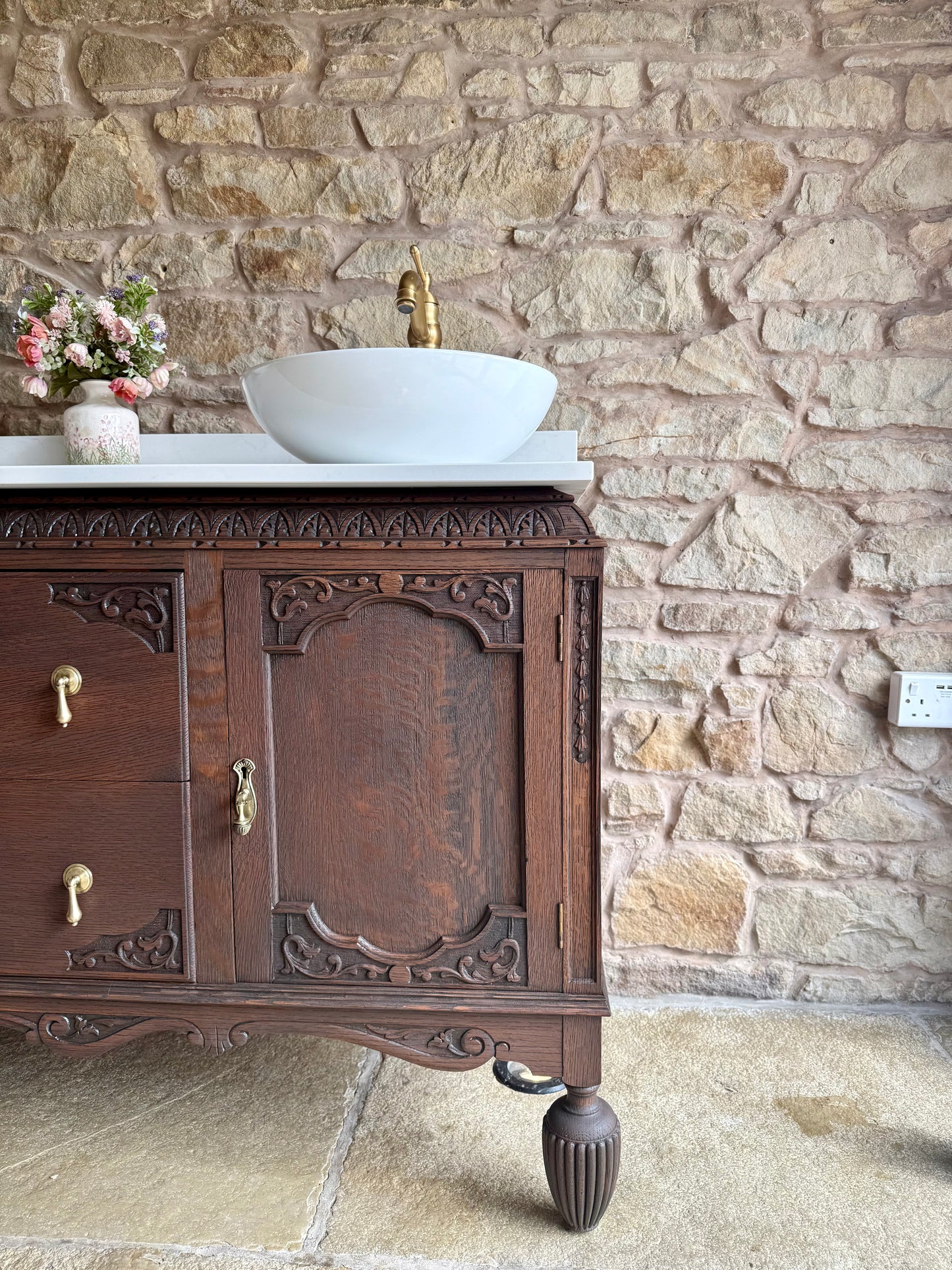 Heritage Dark Oak Vanity Unit, Quartz Top, Upstand and two basins (153cm)