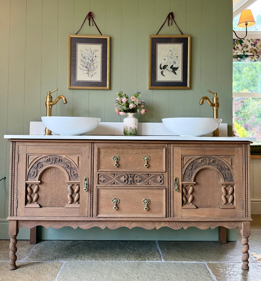 Large Oak Vanity Sink, Carrara Quartz top, Upstand and two basins. (154cm wide)