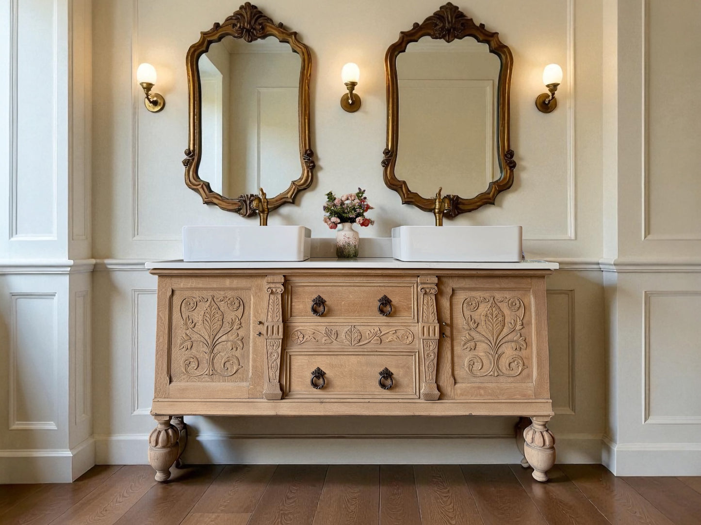 Pretty Carved Oak Vintage Vanity Sink Unit, Carrara Quartz top, Upstand and two basins (can be rectangular or circular basins) 154cm Wide