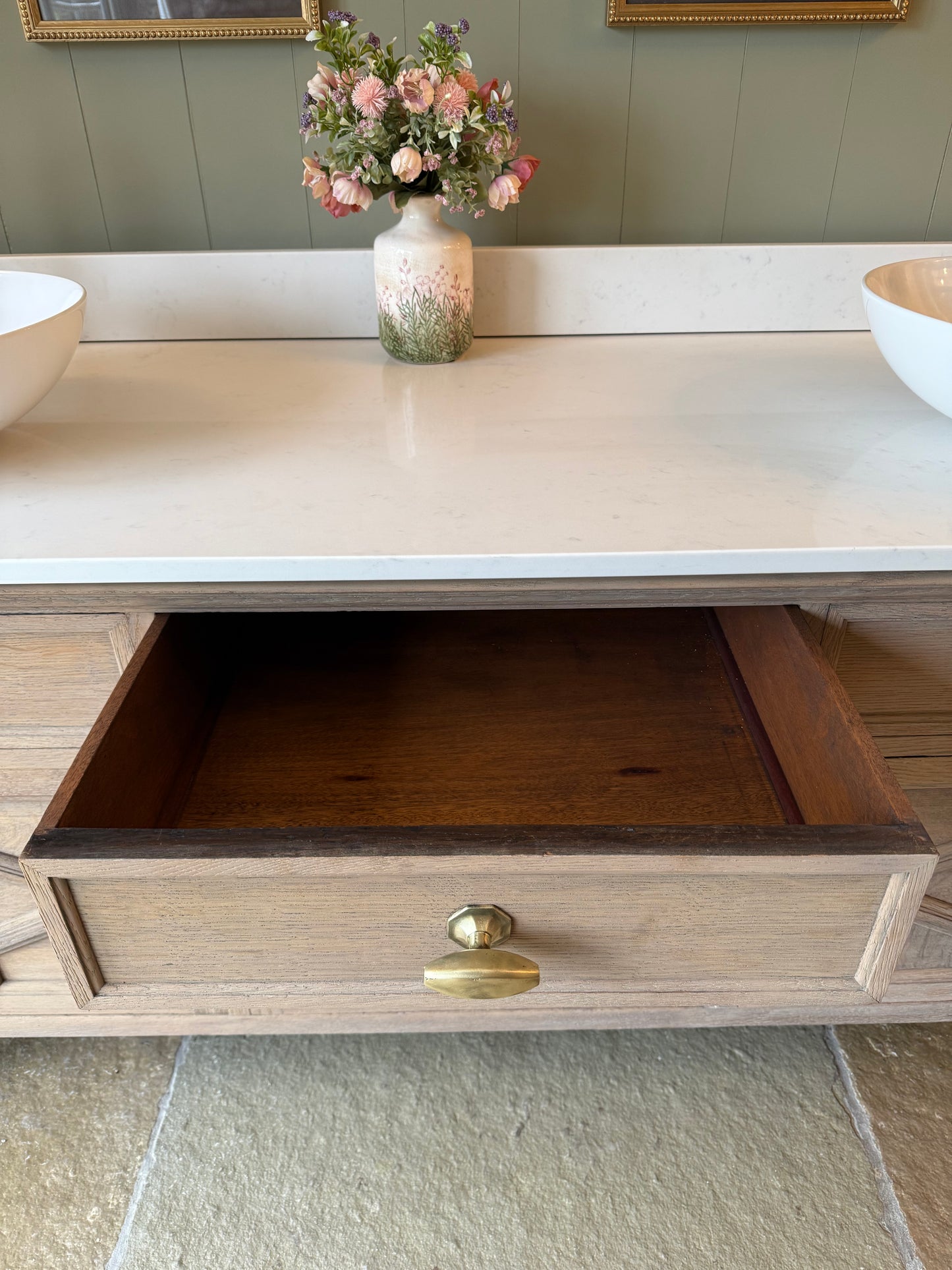Extra Large Vintage Double Vanity Sink, Carrara Quartz top, Upstand and two basins. Solid Light Oak. (185cm wide)