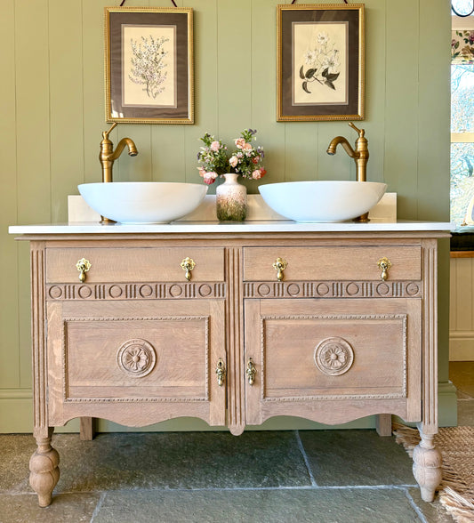 Double solid oak Vanity Sink, Carrara Quartz Top, Upstand and two basins. (123.5cm wide)