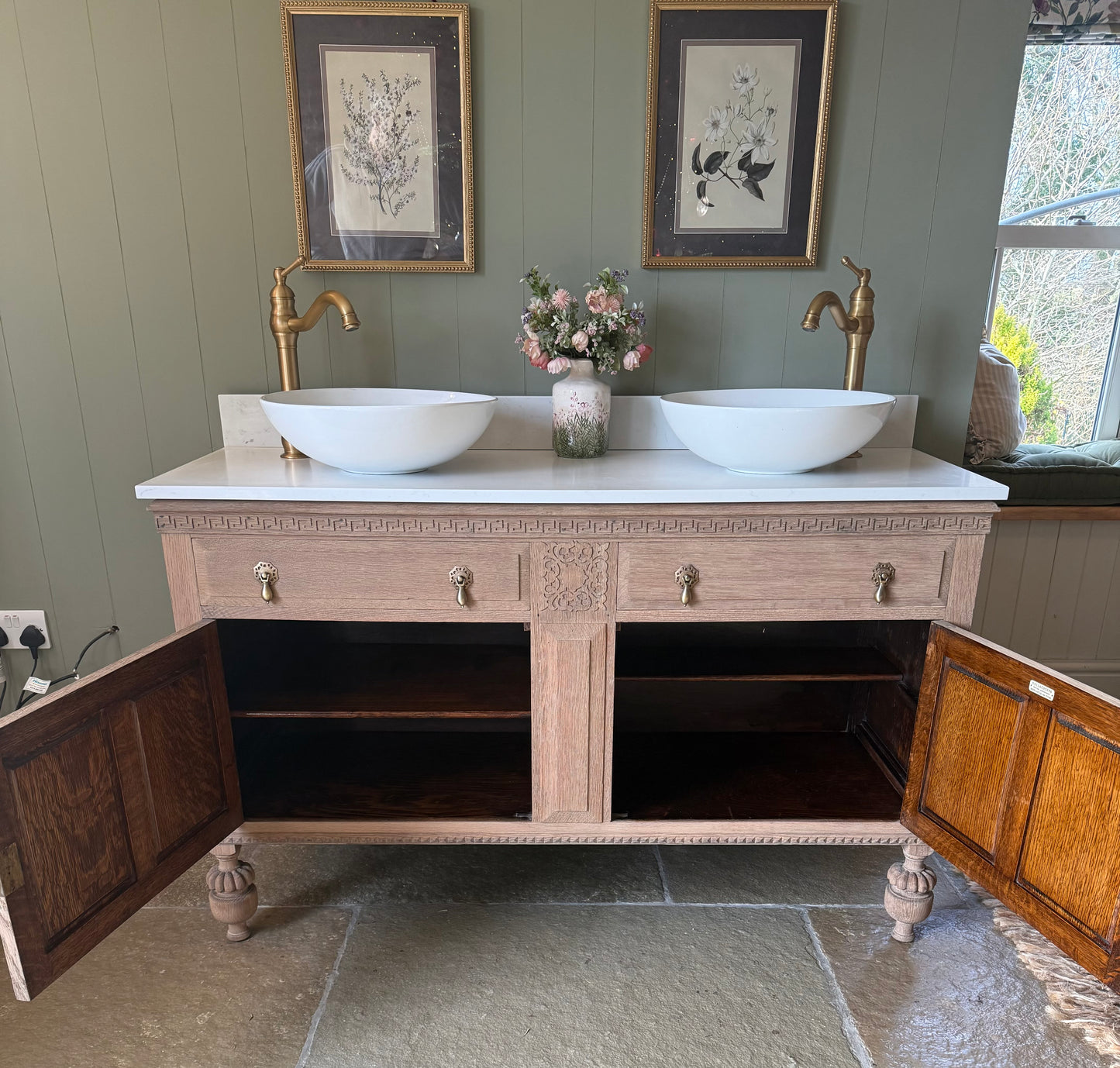 Oak Vanity Sink, Carrara Quartz Top, two basins and Upstand (138cm)