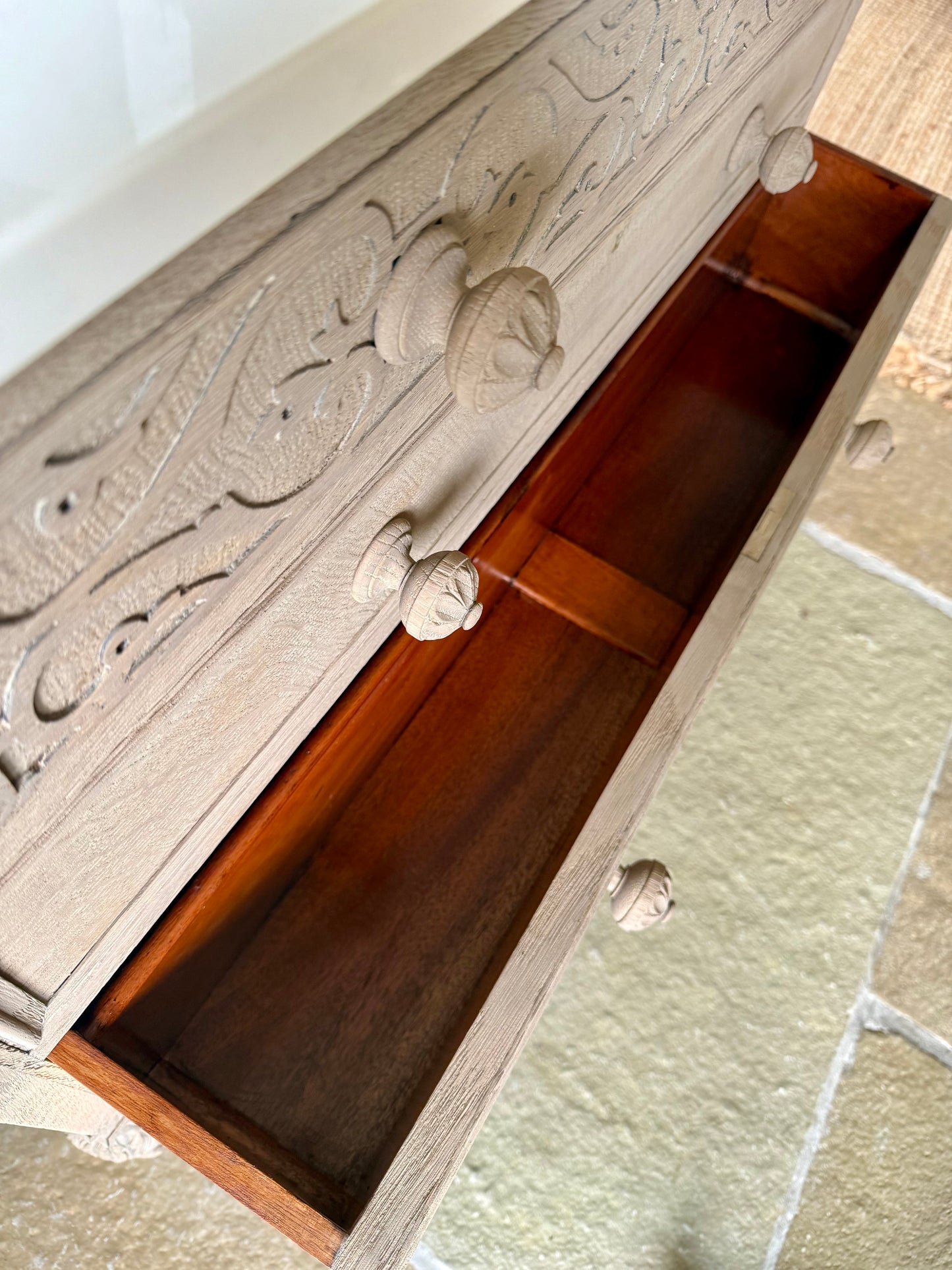 Ornate Light Oak Vanity Sink, Carrara Quartz top, Upstand and basin (90.5cm wide)