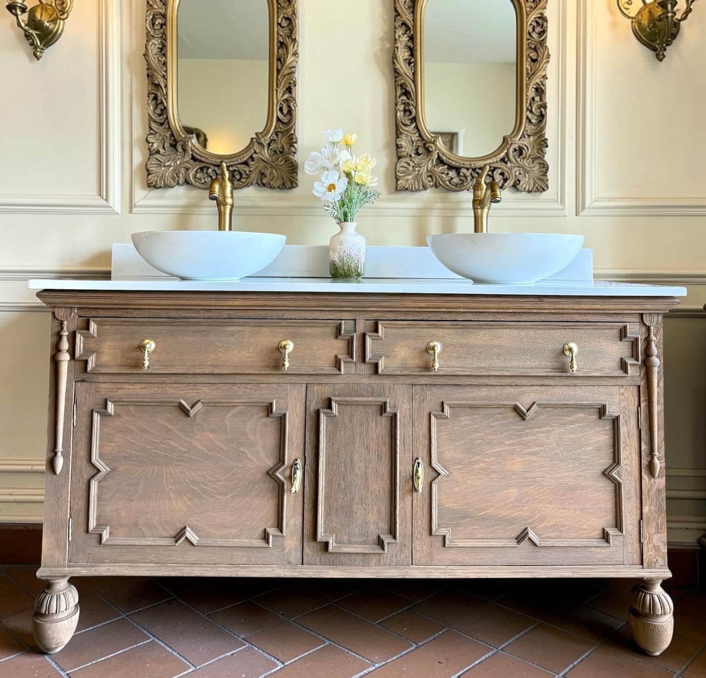 Vintage Solid Oak Double Vanity Sink Unit in a Warm Oak. Carrara Quartz Top, Upstand and Two Basins