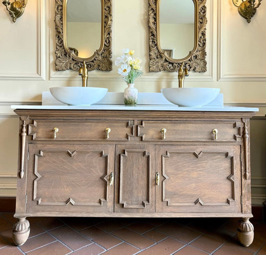 Vintage Solid Oak Double Vanity Sink Unit in a Warm Oak. Carrara Quartz Top, Upstand and Two Basins