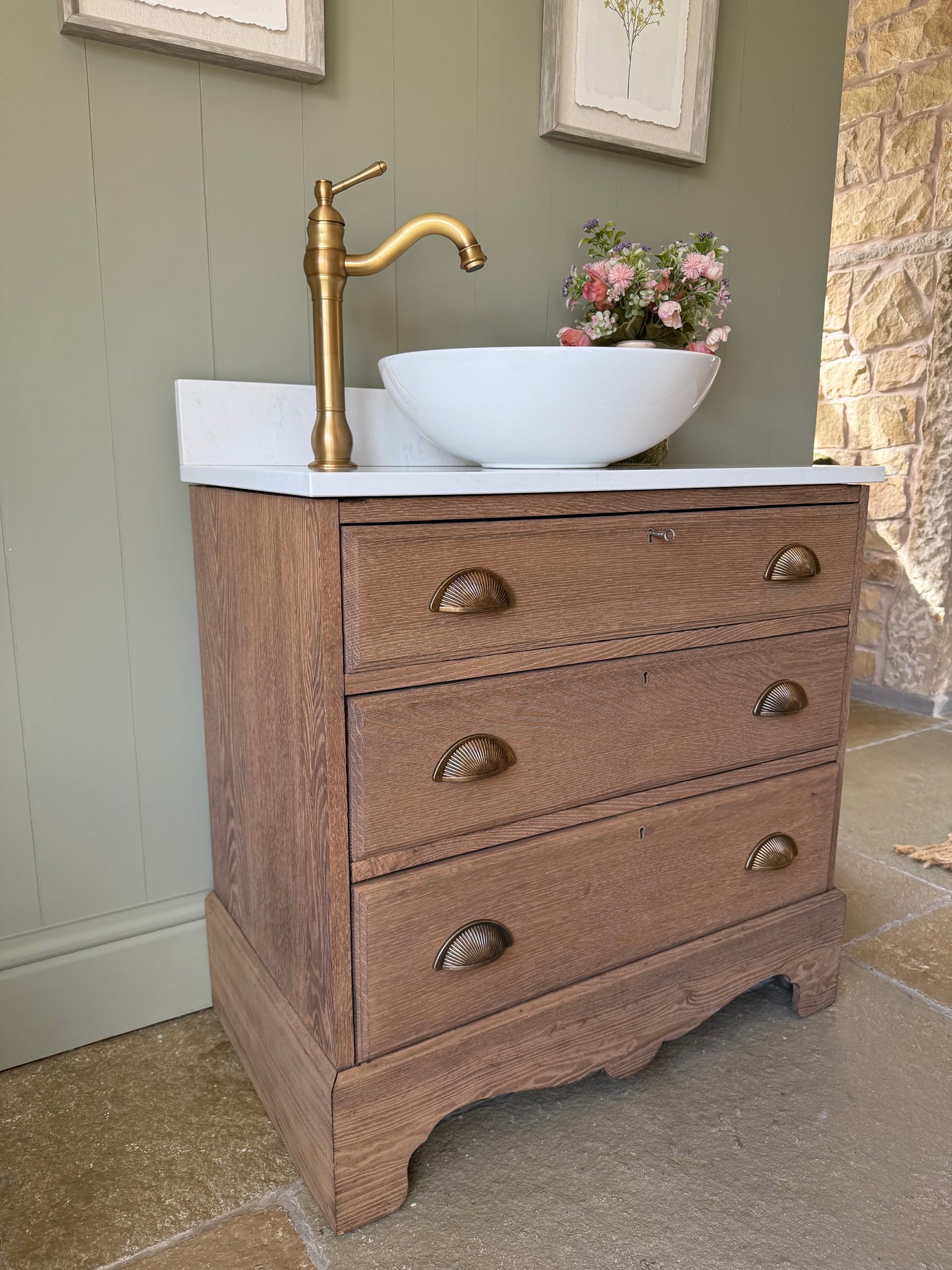 Antique Oak Single Vanity Sink, Carrara Quartz top, Upstand and Basin (76cm wide)