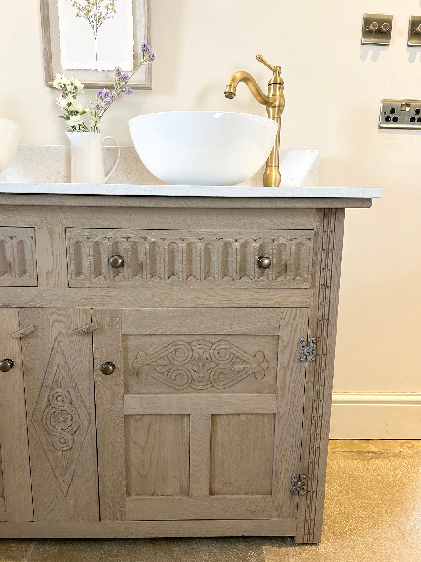 Large Rustic Vintage Double Vanity with Quartz top.