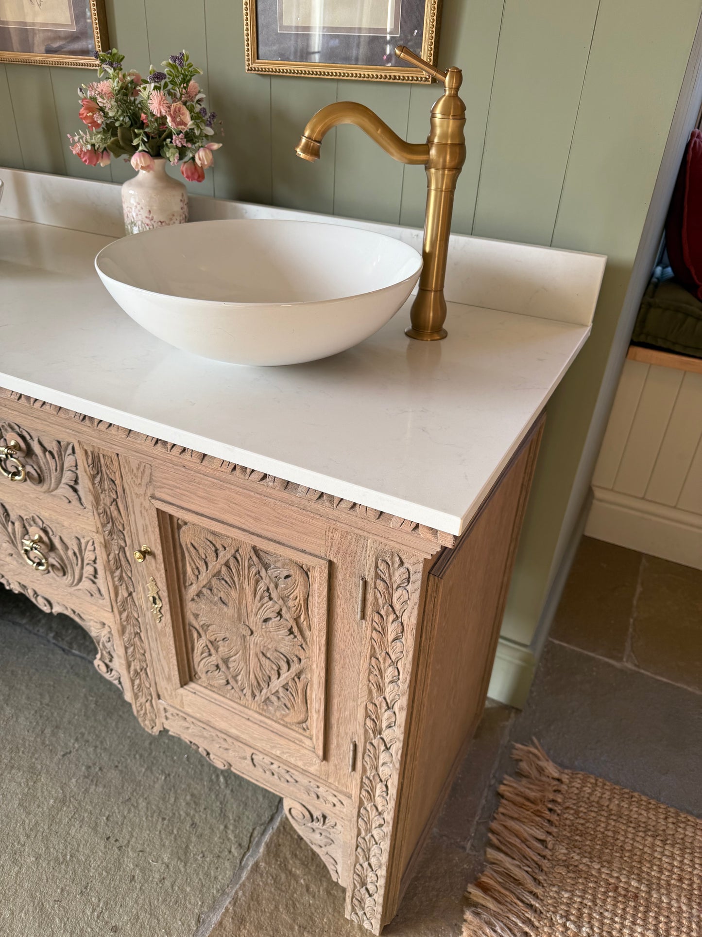 Large Pretty Antique Carved Oak vanity Sink, Carrara Quartz top, Upstand and two basins (154cm wide)