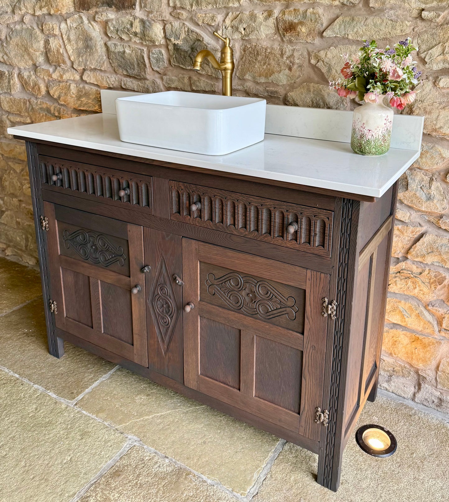 Vintage Classic Dark Oak Vanity Sink Unit, Carrara Quartz top, Upstand and Basin (132cm wide)